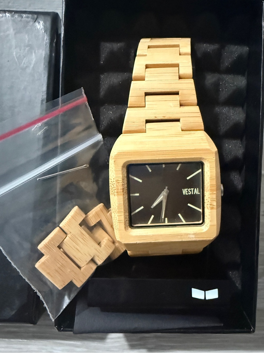 Rare Vestal Muir Wood Watch Bamboo Black Stainless Steel w/Links & Box